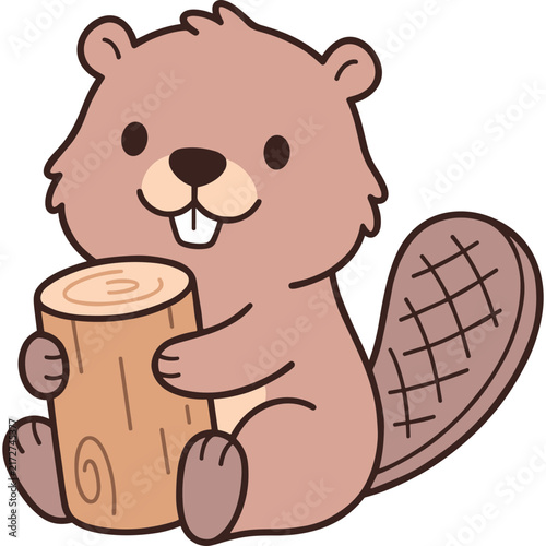 Cute Cartoon Beaver Holding a Wooden Log Vector Illustration