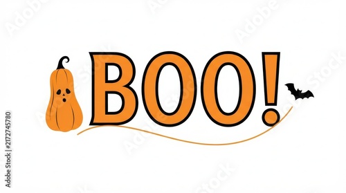 Halloween boo text with cute sad pumpkin and flying bat illustration