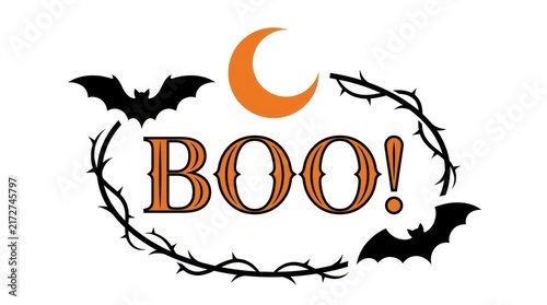 Halloween boo text with crescent moon and flying bats decoration