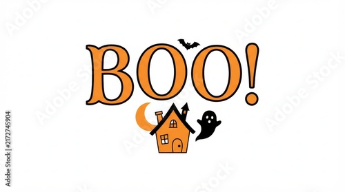 Boo halloween text illustration featuring a haunted house ghost bat moon