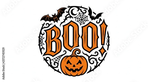 Round halloween sticker design with boo text scary pumpkin bats and cobweb