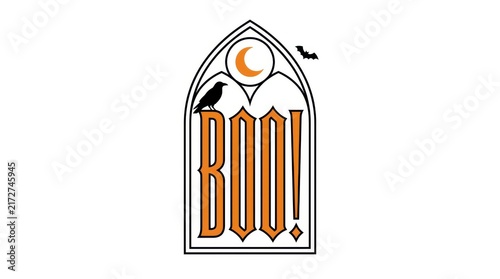 Halloween boo text vector graphic with gothic arch frame and moon