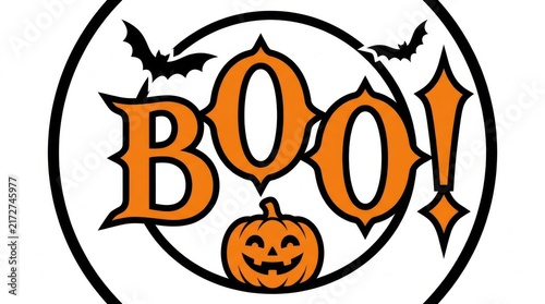 Circular halloween emblem featuring boo text smiling pumpkin and flying bats