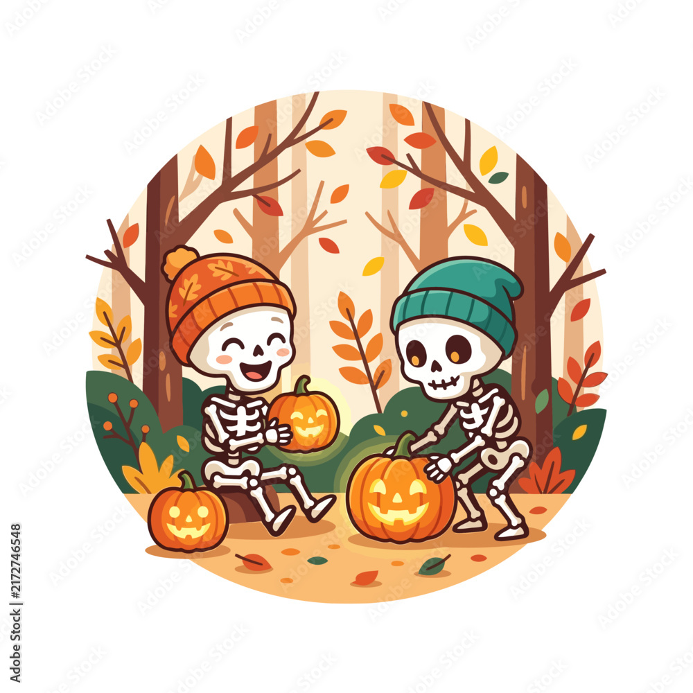 Fototapeta premium Cute Skeletons Carving Pumpkins in Autumn Forest for Halloween Celebration, Cartoon Style, Isolated