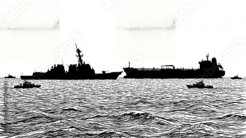 Silhouette of a naval warship and a cargo tanker sailing together on the open ocean with across ocean smaller smaller patrol boats