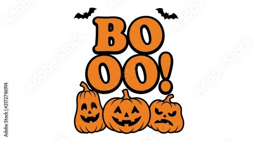 Halloween boo typography design with carved pumpkins and flying bats