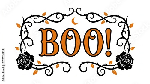Halloween boo lettering inside floral thorny frame with black roses