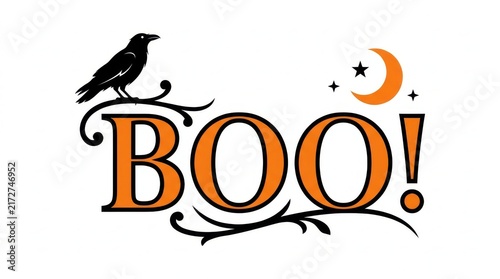 Halloween boo text design with crow and crescent moon boo graphic black crow