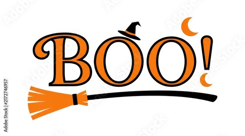 Halloween boo typography featuring witch hat and broomstick