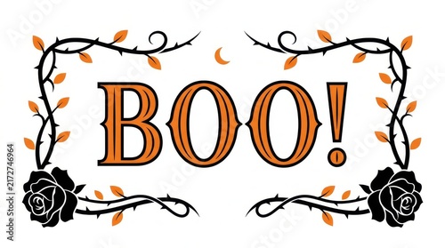 Halloween boo text framed by thorny branches and black roses with halloween