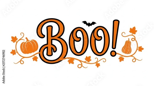 Halloween boo text banner decorated with pumpkins and autumn leaves