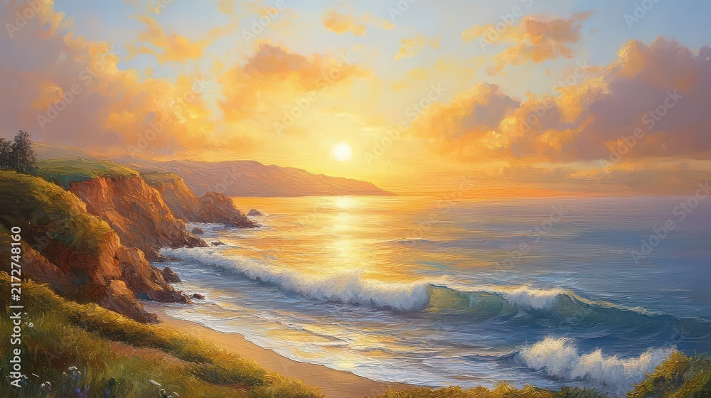 Obraz premium Serene coastline during sunset with colorful sky and gentle ocean waves