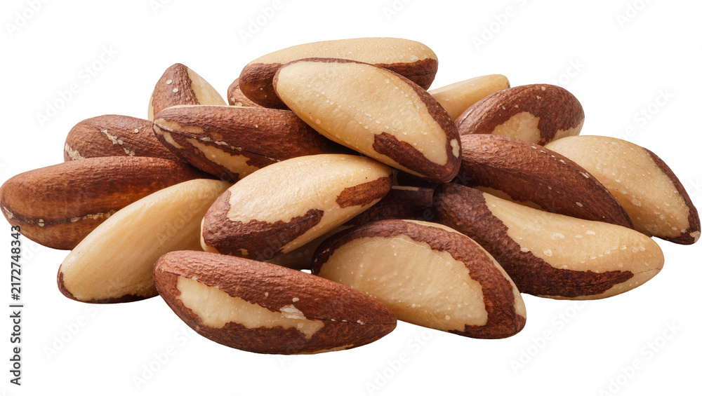 Fototapeta premium Pile of raw Brazil nuts with brown shells and white kernels, isolated on transparent background