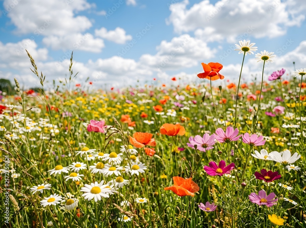 Obraz premium Colorful wildflower meadow under blue sky with daisies poppies and sunny summer bloom