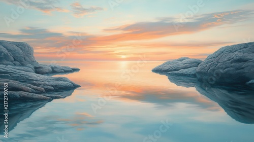 Serene Sunset Over Calm Water with Rocky Shores on a Tranquil Beach