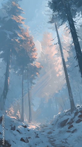 Enchanting Forest Path with Golden Sunlight Streaming Through Misty Trees