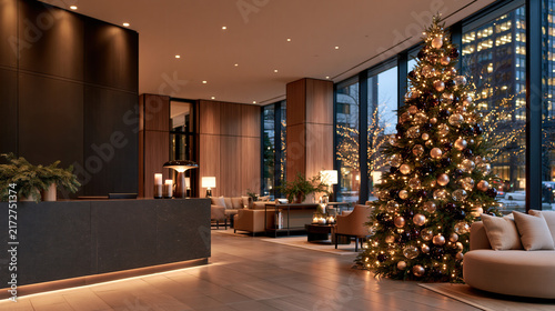 Modern hotel lobby with festive Christmas tree and warm lighting