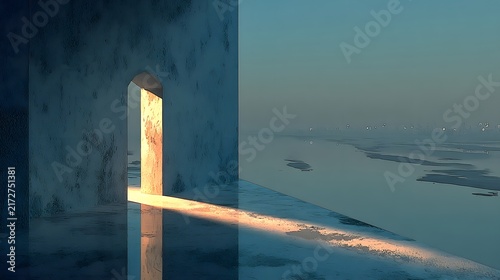Golden Light Streaming Through Ancient Stone Archway by Misty Waters