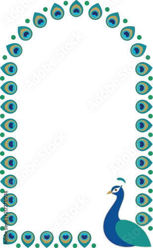 Peacock Feather Arch Frame Border Design for Indian Wedding, Krishna Janmashtami and Diwali Invitation Vector Illustration