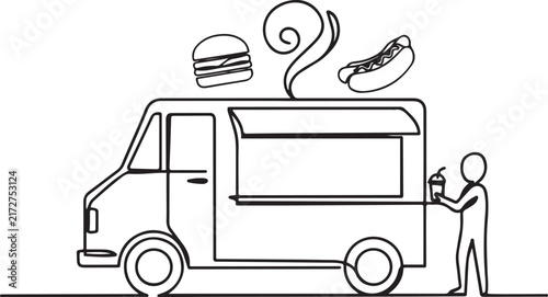 Food truck with street food concept, Single line Illustration. one line icon drawing vector