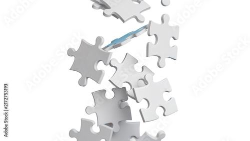 Obraz na płótnie Scattered white puzzle pieces falling, isolated on transparent background