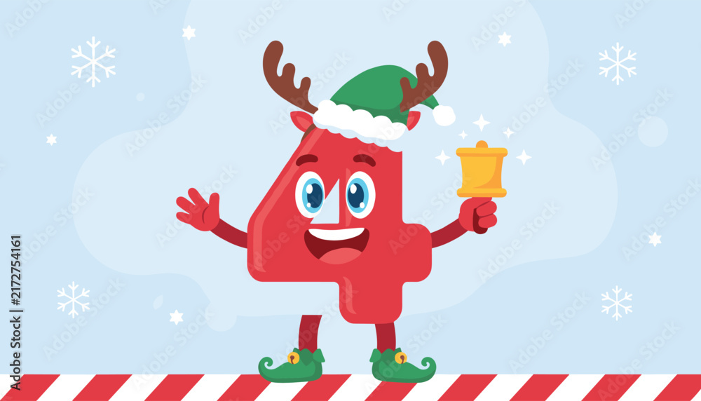 Fototapeta premium Cute cartoon number four character dressed in a red outfit with reindeer antlers and an elf hat holding a golden bell.