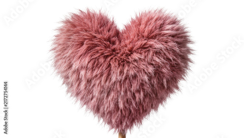 Fluffy pink heart-shaped object with a wooden handle, isolated on transparent background