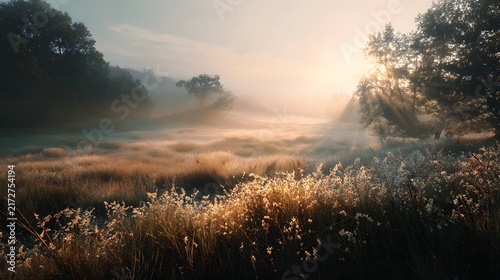 Golden Sun Rays Breaking Through Mist Over an Autumn Field