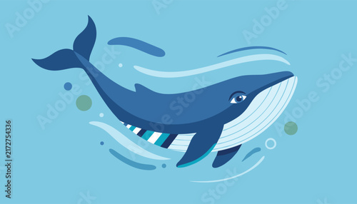 Beautiful blue whale swimming gracefully in a dynamic stylized ocean with circular patterns and water splashes.