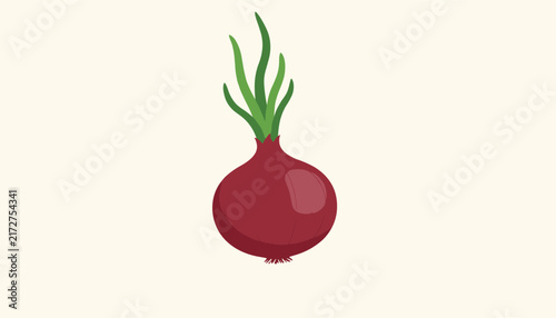 Minimalist vector illustration of a single ripe red onion with fresh green sprouts on a solid light cream background.