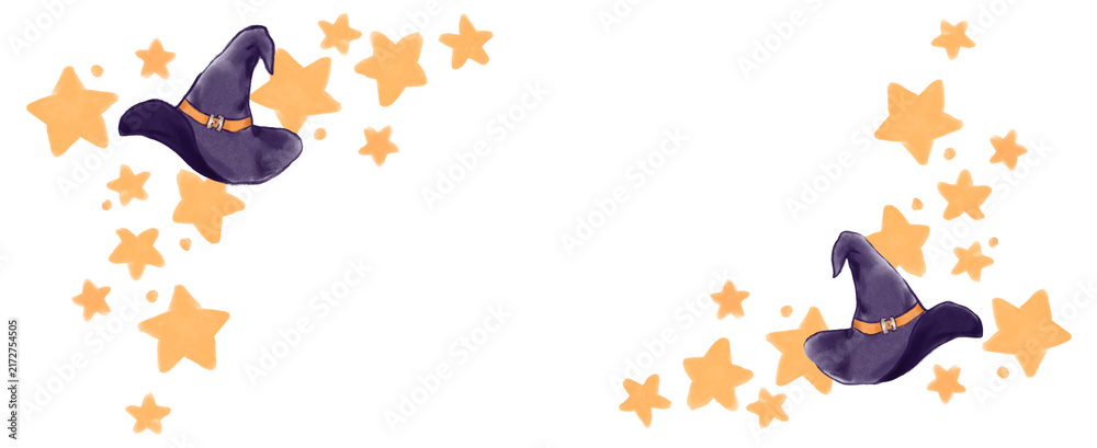 Obraz premium Whimsical gold stars and witch hat border for children story book
