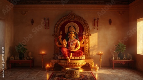 Elegant traditional deity figure in intricately carved throne under warm glowing lighting with illuminated soft candlelight accented traditional decorative elements potted plants
