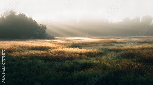 Golden Sun Rays Breaking Through Mist Over an Autumn Field
