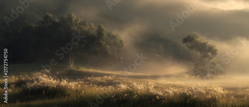 Golden Sun Rays Breaking Through Mist Over an Autumn Field