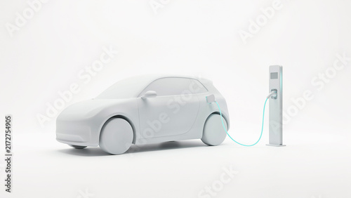 Modern electric car connected to charging station with transparent background illustration
