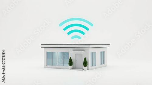 Modern house illustration with wireless network signal waves floating above the building