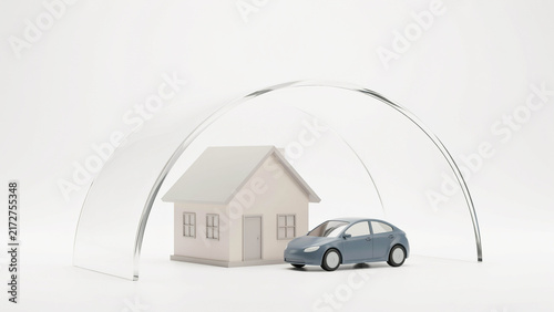 Modern illustration showing a house and car under a protective transparent dome shape on transparent background
