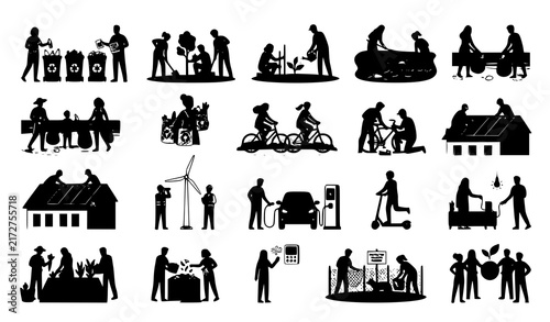 Environmental Sustainability People Recycling Nature and Green Energy Vector Scenes
