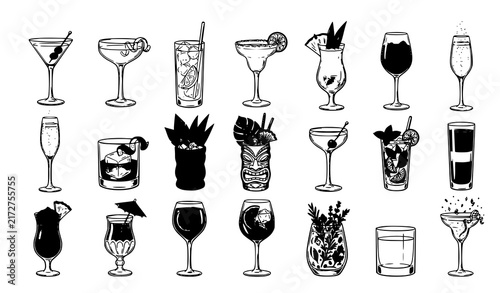 Fashionable Cocktail Drinks Glassware and Garnish Hand Drawn Vector Set