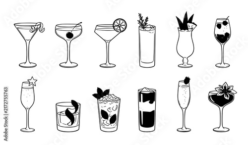 Elegant Fashion Cocktail Drink Sketches Glassware and Garnish Vector Set