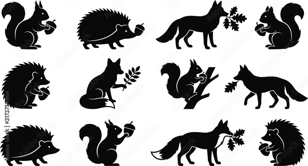 Obraz premium A delightful collection of woodland creatures including squirrels hedgehogs and foxes celebrates the spirit of autumn and the upcoming thanksgiving festivities