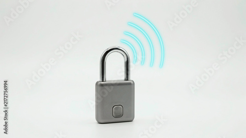 Modern wireless security padlock with fingerprint sensor and signal waves illustration on transparent background