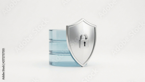 Secure digital data protection illustration featuring shield lock and database symbol on transparent background