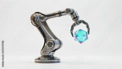 Robotic Arm Holding a Translucent Geometric Crystal Shape Against Transparent Background