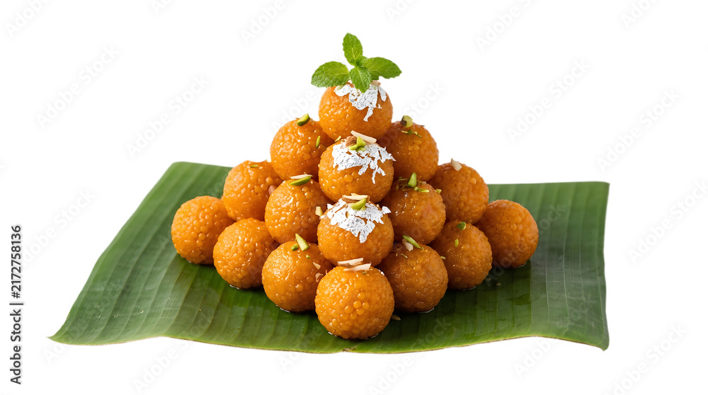 Obraz premium A pyramid stack of delicious motichoor ladoo sweets served on a green banana leaf, isolated on transparent background
