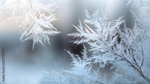 Abstract white frost patterns resembling trees on a blue background