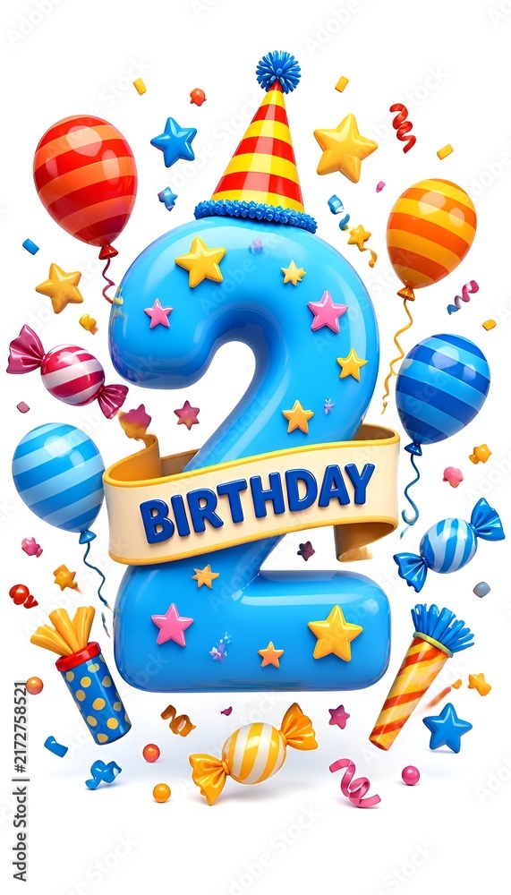 Naklejka premium 3D Number 2 Birthday Illustration with Balloons and Party Hat