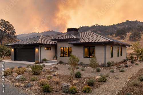 Modern Wildfire Resistant Foothill Home with a Standing Seam Metal Roof, Noncombustible Siding, Enclosed Eaves, and Carefully Landscaped Defensible Space