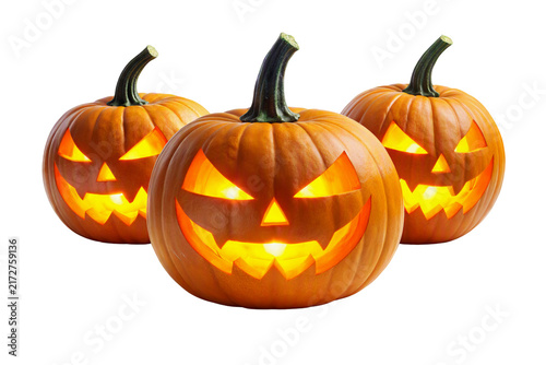 Fotografía Halloween pumpkins group isolated PNG, three glowing carved jack o lanterns on t