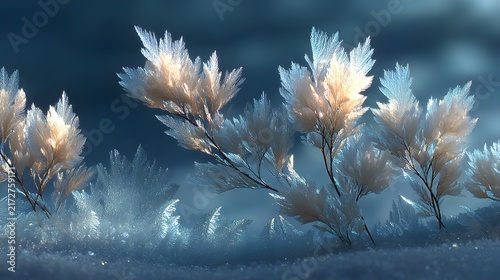 Golden sunlight illuminating crystalline ice fern structures on winter snow.